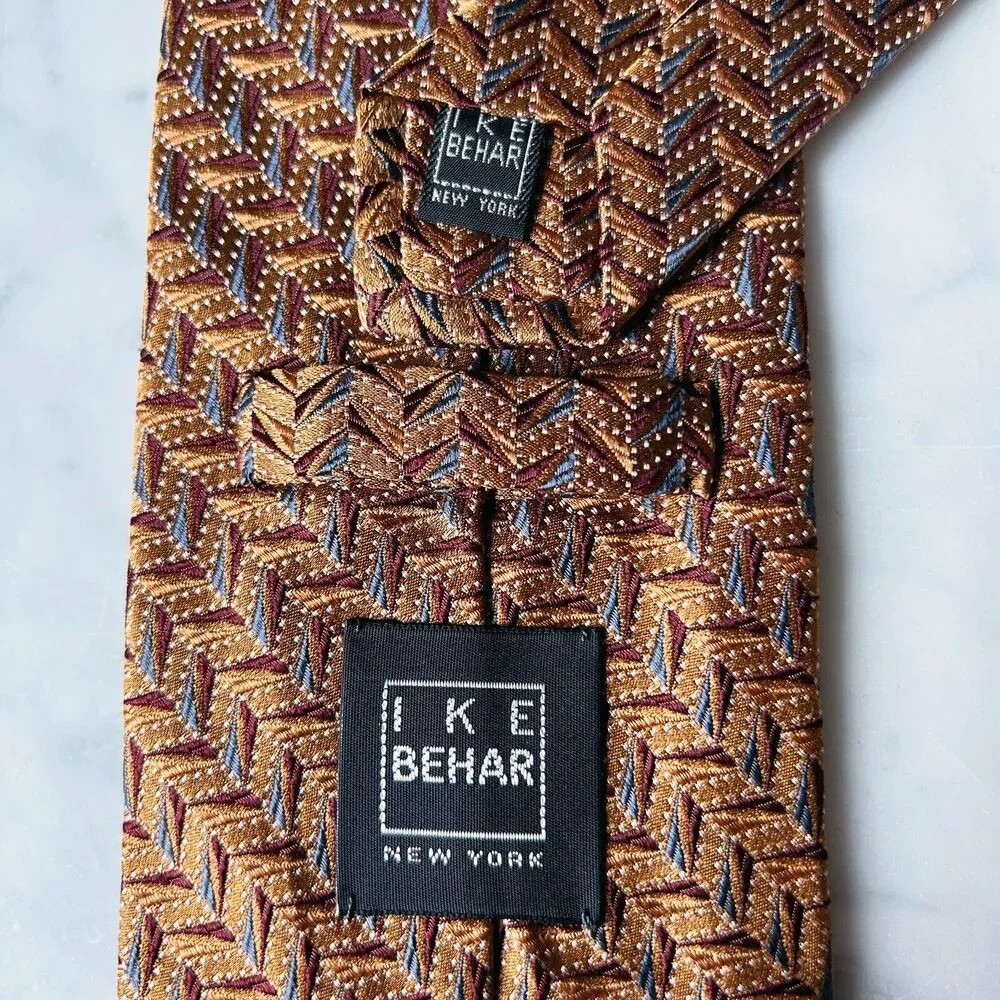 Ike Behar New York Neck Tie Silk Hand Tailored Geometric Dark Gold Red Blue